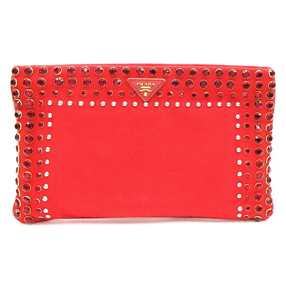 Prada pouch clutch red studded Leather jeweled bag - Picture 1 of 8